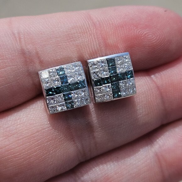 14K White Gold Blue Diamond Cross Princess Stud Earrings 1.50TCW 4.13 Grams - Picture 1 of 16